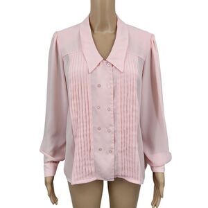 Shapely Vintage Double Breasted Pastel Pink Chiffon Pointed Collar Blouse Pleats